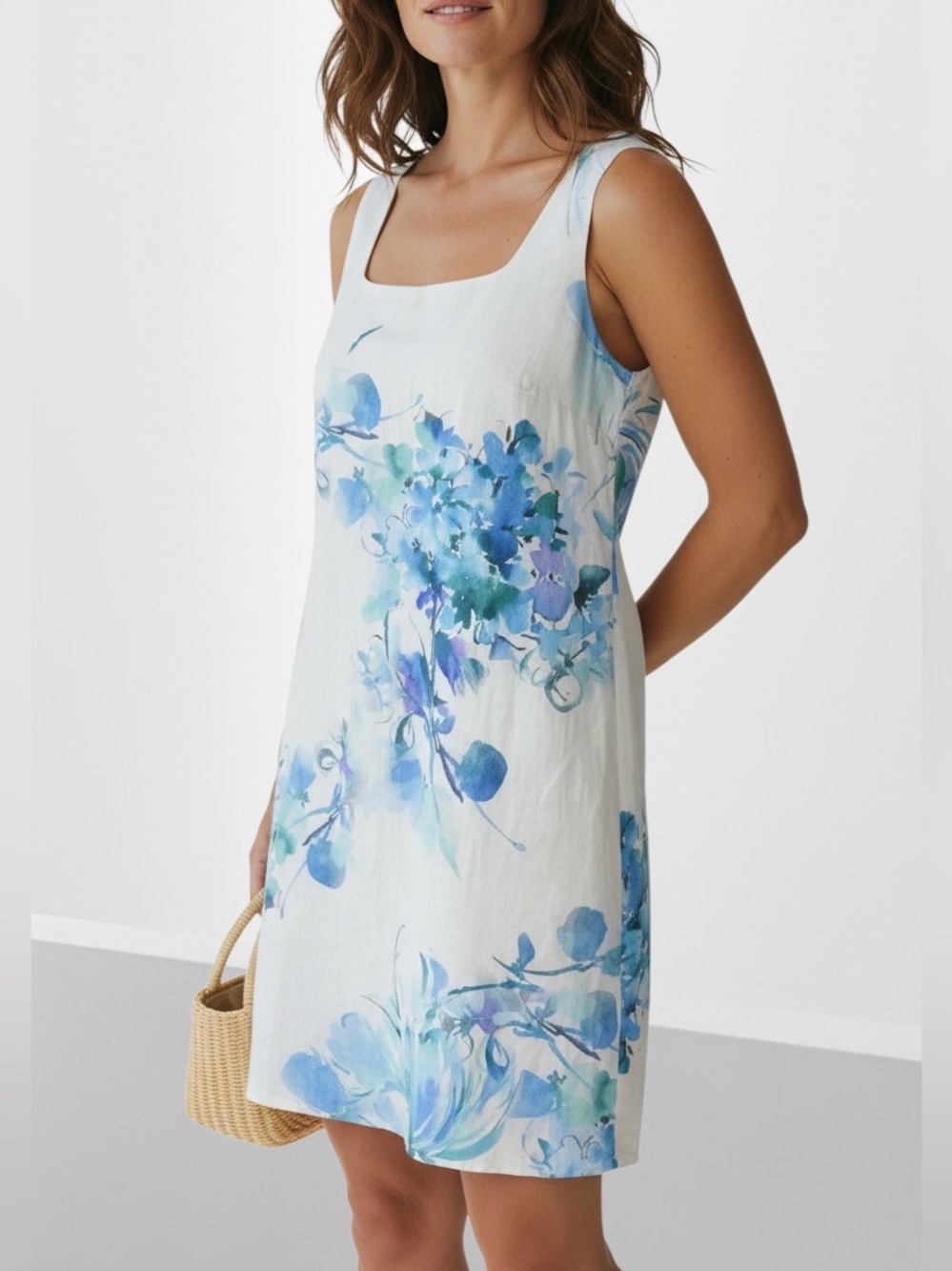 Bellambra Floral Linen-Blend Sleeveless Square Neckline Shift Dress Size L